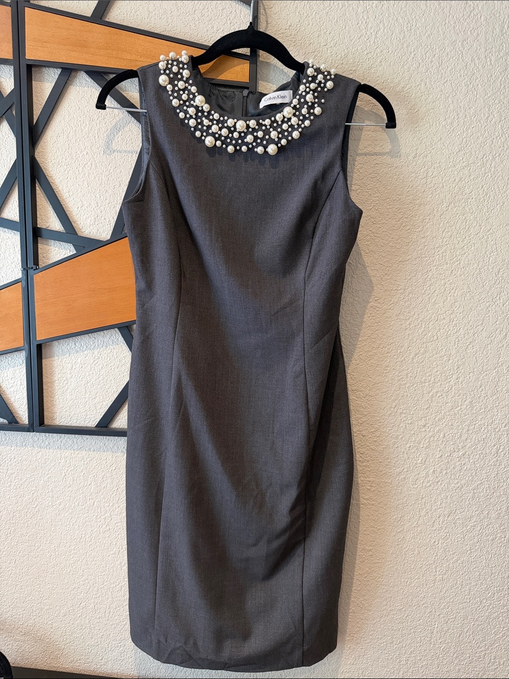 Calvin Klein Charcoal Pearl-Embellished Sheath Dress